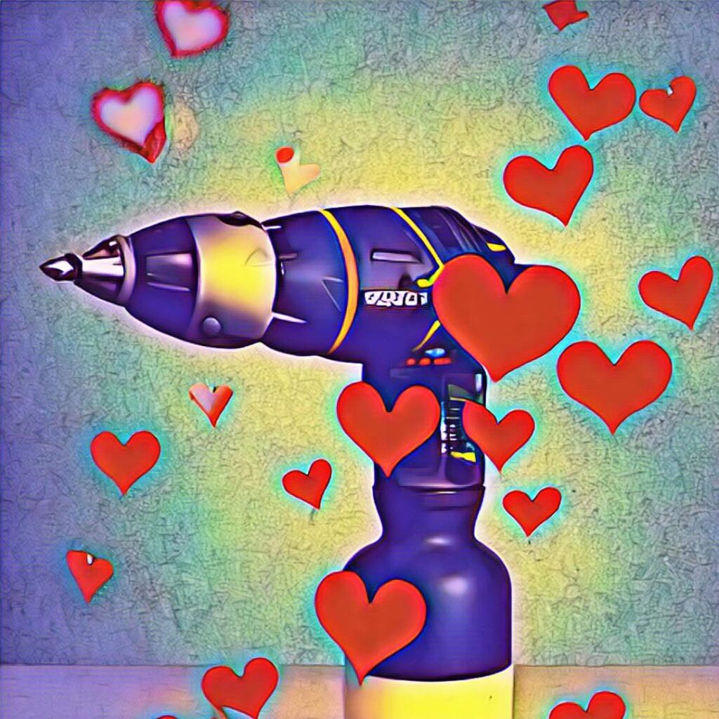 A themed graphic of a drill surrounded by floating hearts